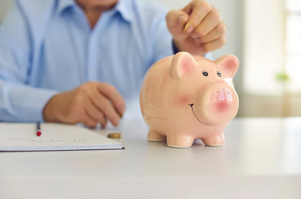 ένα κουμπαράς γουρουνάκι και κάποιος που κάνει οικονομία